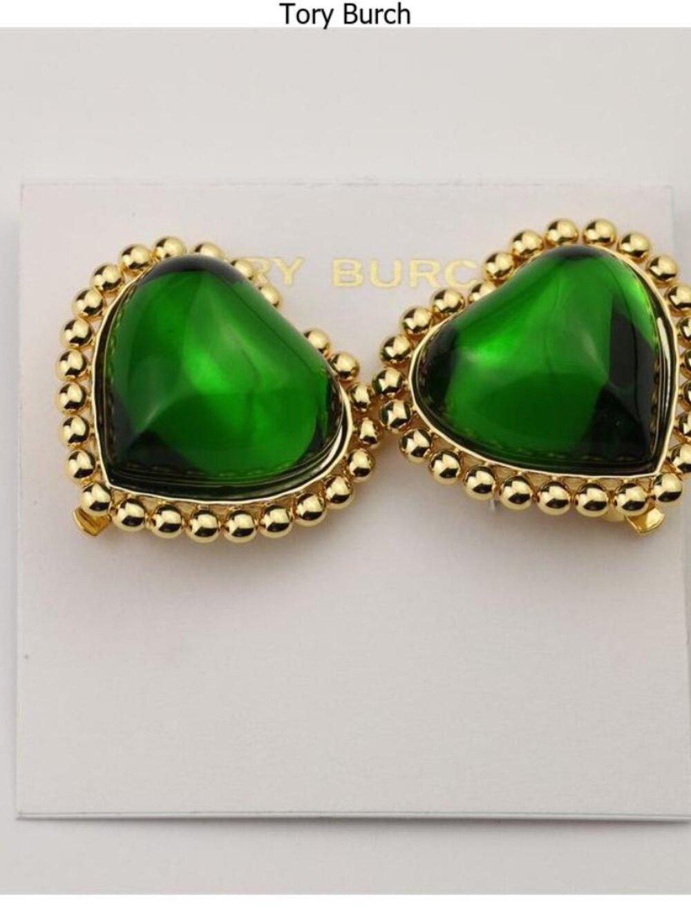 Tory Burch Green Heart Cabochon Gold-Trim Clip Earrings